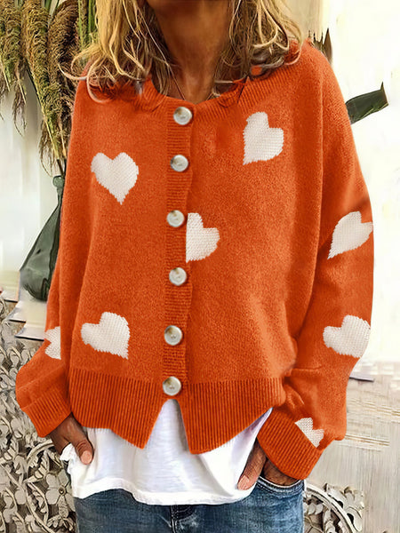 Women's Knit Single-Breasted Heart Cardigan Sweater -Bishop - Barcelet - Closed - Scoop - Jewel