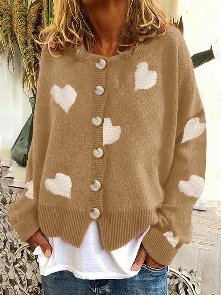Women's Knit Single-Breasted Heart Cardigan Sweater -Bishop - Barcelet - Closed - Scoop - Jewel
