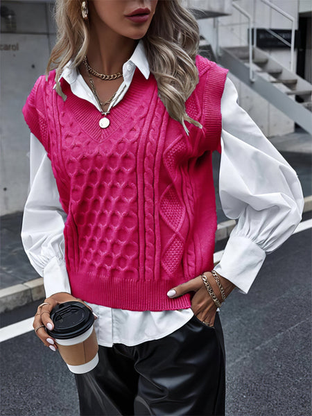Women's Knit V-Neck Vest Sleeveless Cable Sweater - Bishop - Poet - Halter - Jewel - Closed