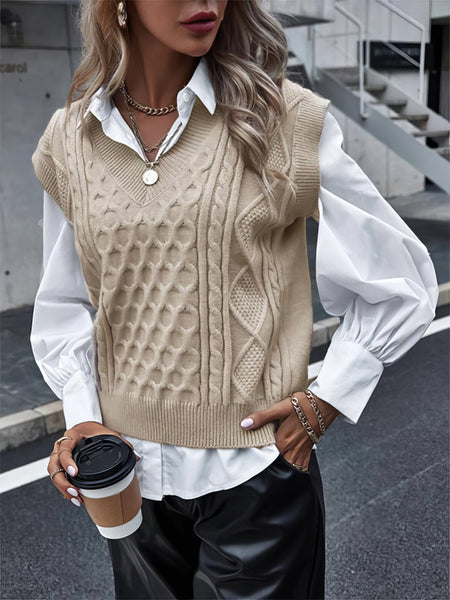 Women's Knit V-Neck Vest Sleeveless Cable Sweater - Bishop - Poet - Halter - Jewel - Closed