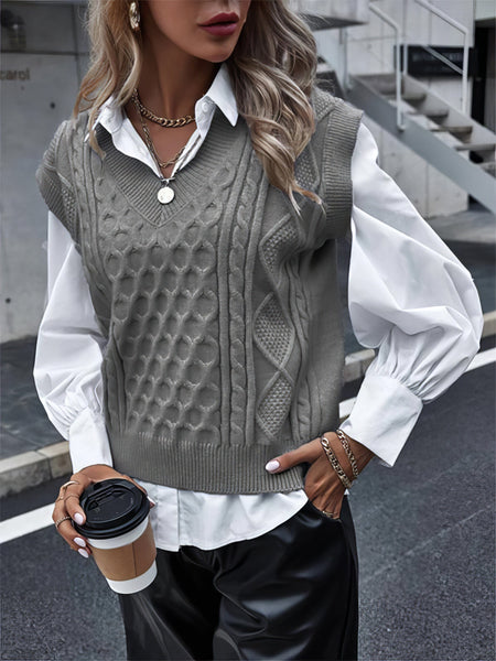 Women's Knit V-Neck Vest Sleeveless Cable Sweater - Bishop - Poet - Halter - Jewel - Closed