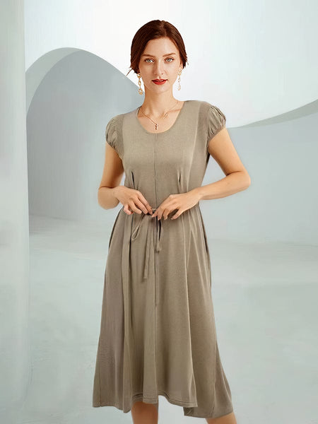 Knit Waist Loose Fit Midi Dress with Pockets