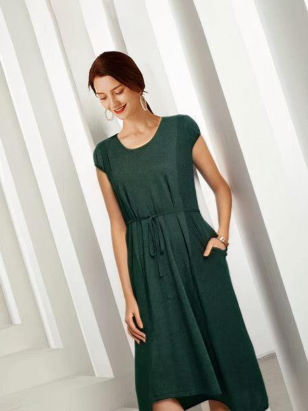 Knit Waist Loose Fit Midi Dress with Pockets