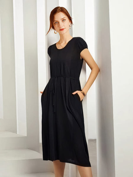 Knit Waist Loose Fit Midi Dress with Pockets