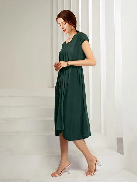 Knit Waist Loose Fit Midi Dress with Pockets