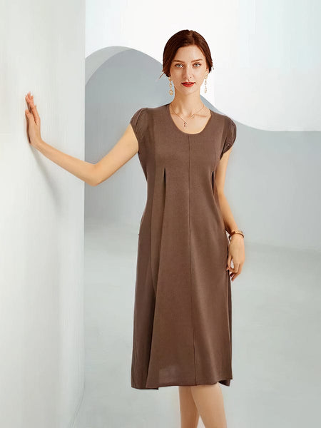 Knit Waist Loose Fit Midi Dress with Pockets