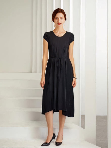 Knit Waist Loose Fit Midi Dress with Pockets