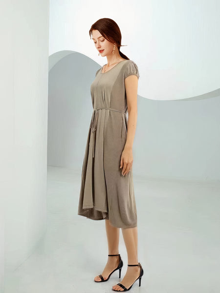 Knit Waist Loose Fit Midi Dress with Pockets