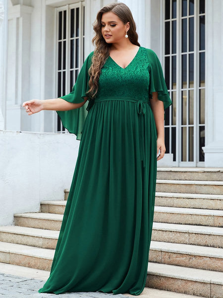 Women's Lace Accent Plus Size V-Neck Evening Dress with Belt