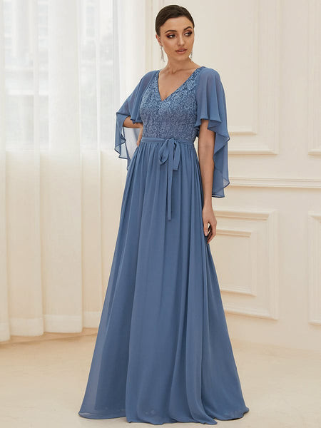 Women's Lace Accent Plus Size V-Neck Evening Dress with Belt