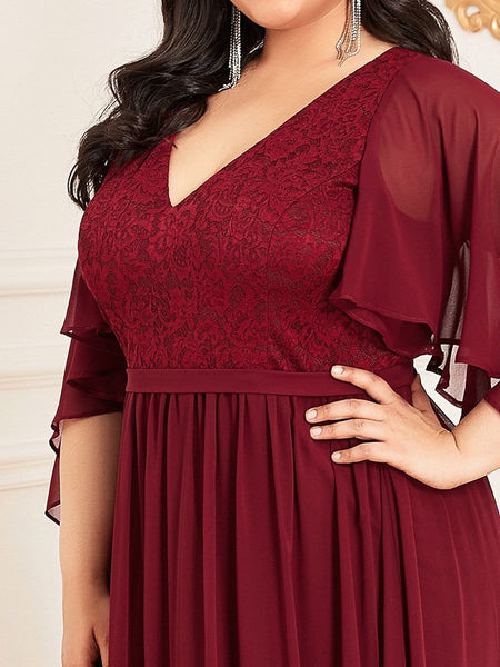 Women's Lace Accent Plus Size V-Neck Evening Dress with Belt