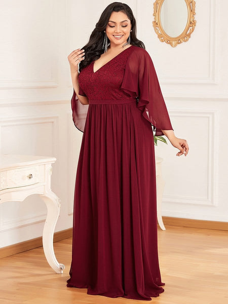 Women's Lace Accent Plus Size V-Neck Evening Dress with Belt