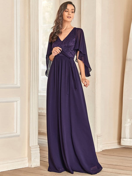 Women's Lace Accent Plus Size V-Neck Evening Dress with Belt