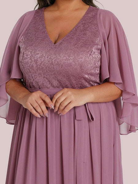 Women's Lace Accent Plus Size V-Neck Evening Dress with Belt
