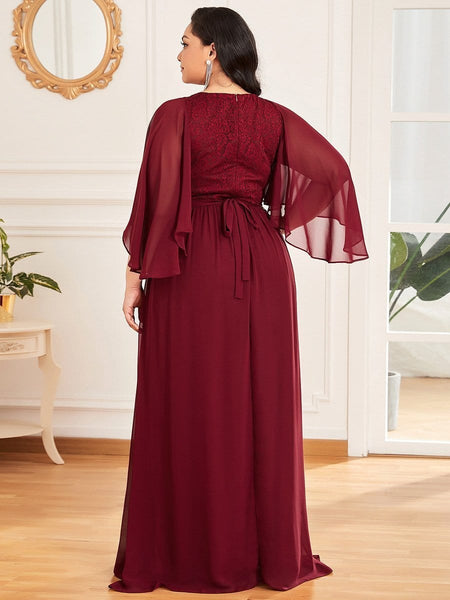Women's Lace Accent Plus Size V-Neck Evening Dress with Belt
