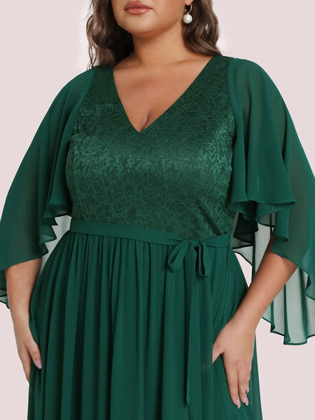 Women's Lace Accent Plus Size V-Neck Evening Dress with Belt