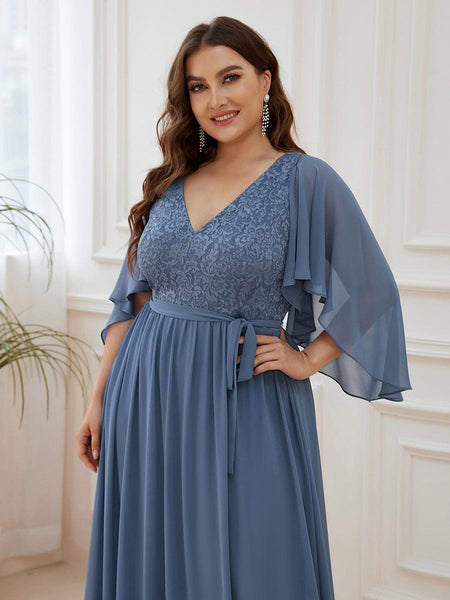 Women's Lace Accent Plus Size V-Neck Evening Dress with Belt