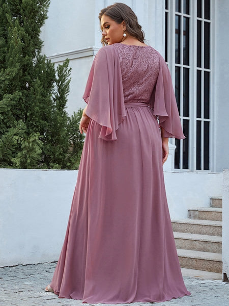 Women's Lace Accent Plus Size V-Neck Evening Dress with Belt