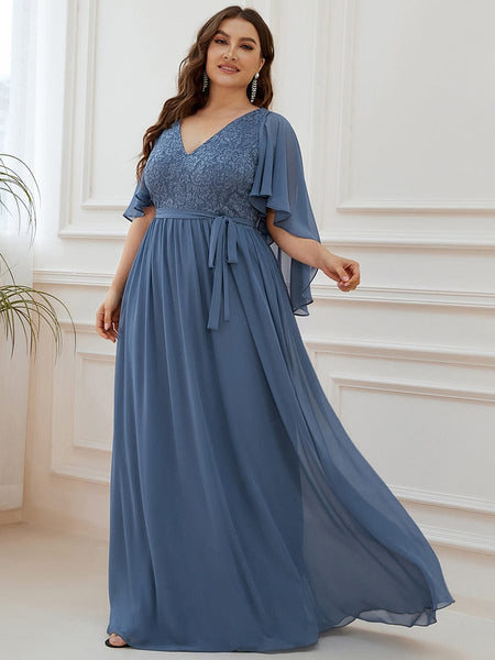 Women's Lace Accent Plus Size V-Neck Evening Dress with Belt
