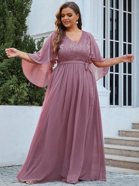 Women's Lace Accent Plus Size V-Neck Evening Dress with Belt