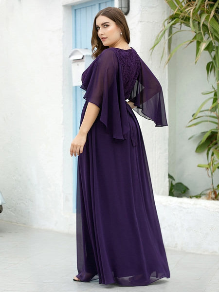 Women's Lace Accent Plus Size V-Neck Evening Dress with Belt