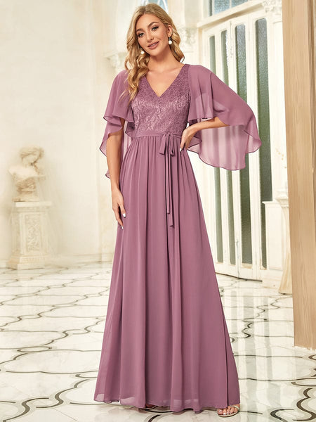 Women's Lace Accent Plus Size V-Neck Evening Dress with Belt