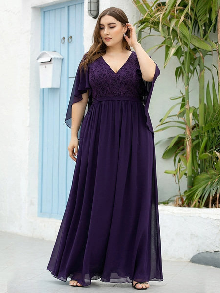 Women's Lace Accent Plus Size V-Neck Evening Dress with Belt