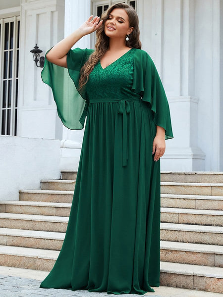 Women's Lace Accent Plus Size V-Neck Evening Dress with Belt
