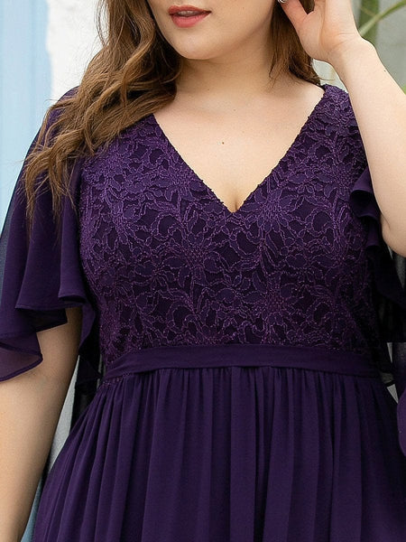 Women's Lace Accent Plus Size V-Neck Evening Dress with Belt