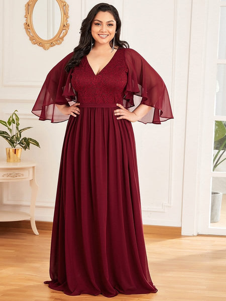 Women's Lace Accent Plus Size V-Neck Evening Dress with Belt