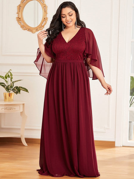 Women's Lace Accent Plus Size V-Neck Evening Dress with Belt