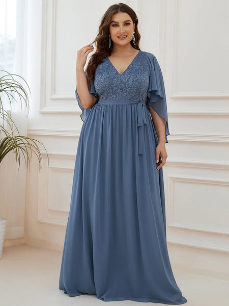 Women's Lace Accent Plus Size V-Neck Evening Dress with Belt