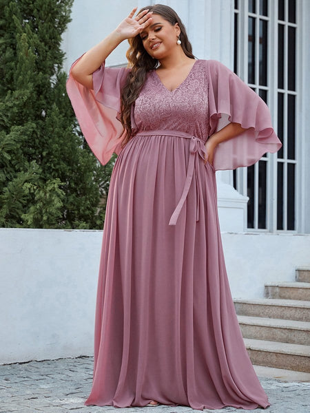 Women's Lace Accent Plus Size V-Neck Evening Dress with Belt