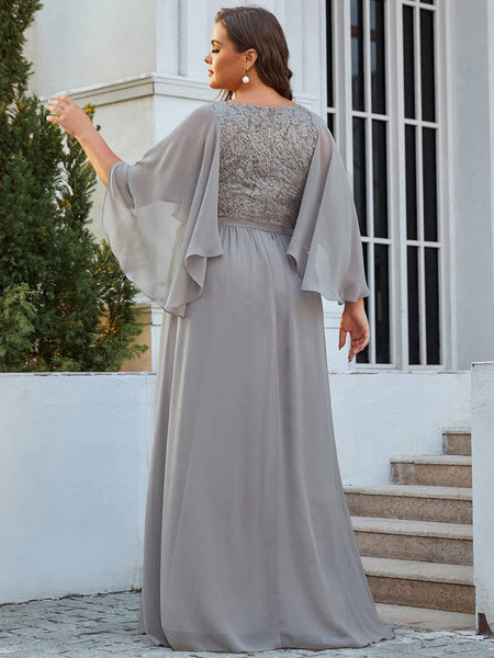 Women's Lace Accent Plus Size V-Neck Evening Dress with Belt