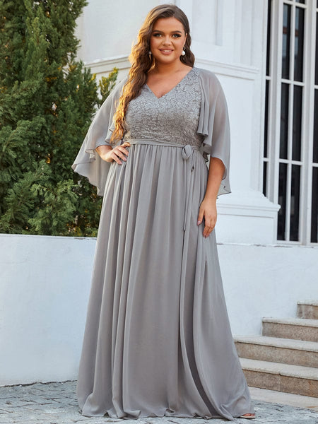 Women's Lace Accent Plus Size V-Neck Evening Dress with Belt