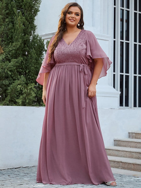 Women's Lace Accent Plus Size V-Neck Evening Dress with Belt