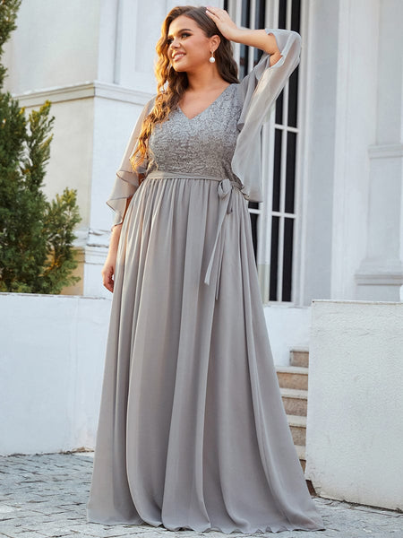 Women's Lace Accent Plus Size V-Neck Evening Dress with Belt