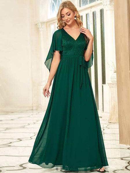 Women's Lace Accent Plus Size V-Neck Evening Dress with Belt