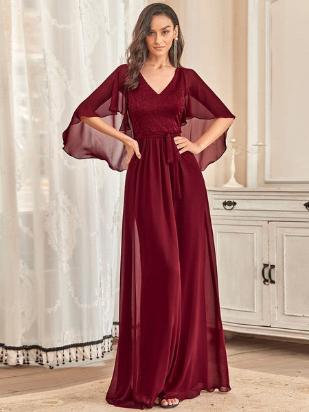 Women's Lace Accent Plus Size V-Neck Evening Dress with Belt