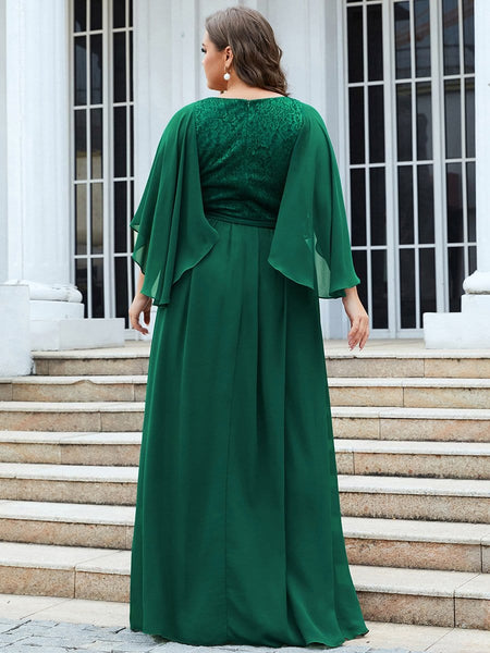Women's Lace Accent Plus Size V-Neck Evening Dress with Belt