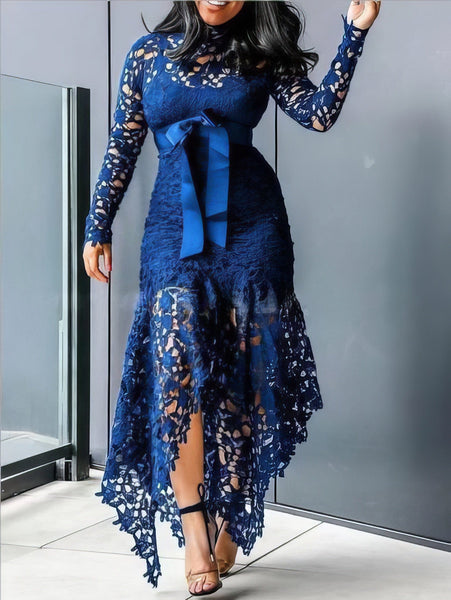 Women's Lace Hollow Long Sleeve Stand Collar Irregular Dress