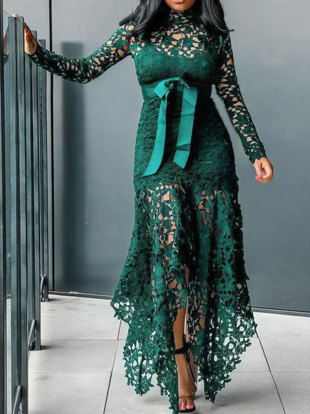 Women's Lace Hollow Long Sleeve Stand Collar Irregular Dress