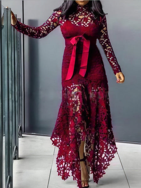 Women's Lace Hollow Long Sleeve Stand Collar Irregular Dress