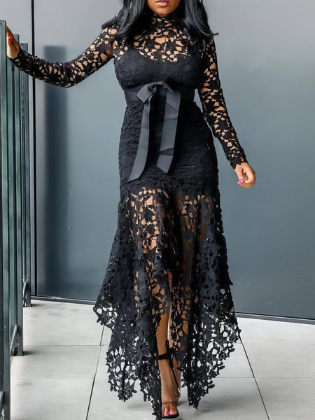 Women's Lace Hollow Long Sleeve Stand Collar Irregular Dress