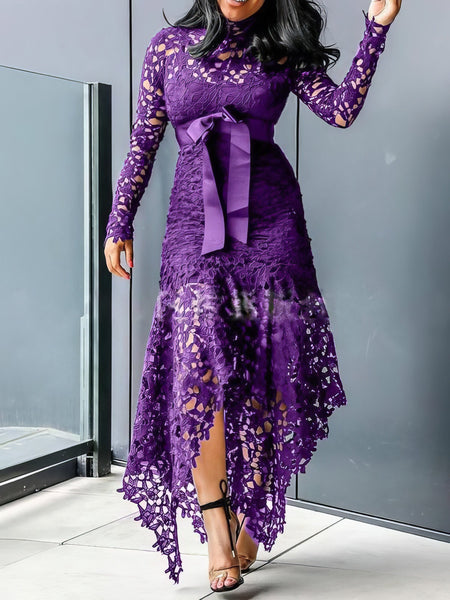 Women's Lace Hollow Long Sleeve Stand Collar Irregular Dress