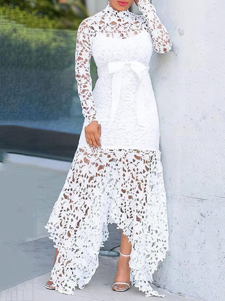 Women's Lace Hollow Long Sleeve Stand Collar Irregular Dress