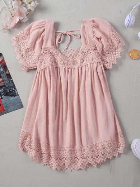 Lace Square Neck Short Sleeve Pullover For Women
