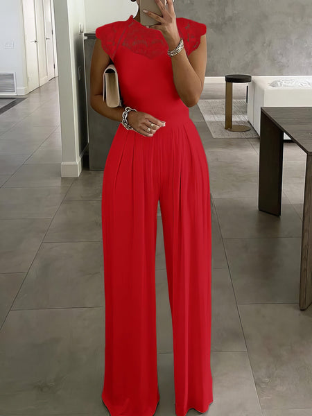 Lace-Panel Round Neck Wide-Leg Jumpsuit with practical styling and dependable silhouette control.