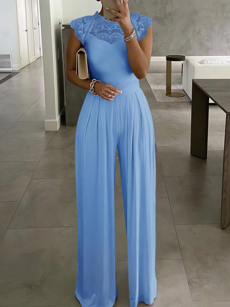 Lace-Panel Round Neck Wide-Leg Jumpsuit with practical styling and dependable silhouette control.