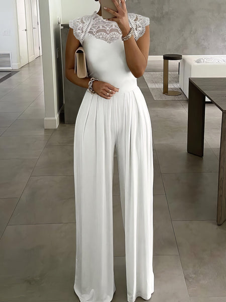 Lace-Panel Round Neck Wide-Leg Jumpsuit with practical styling and dependable silhouette control.